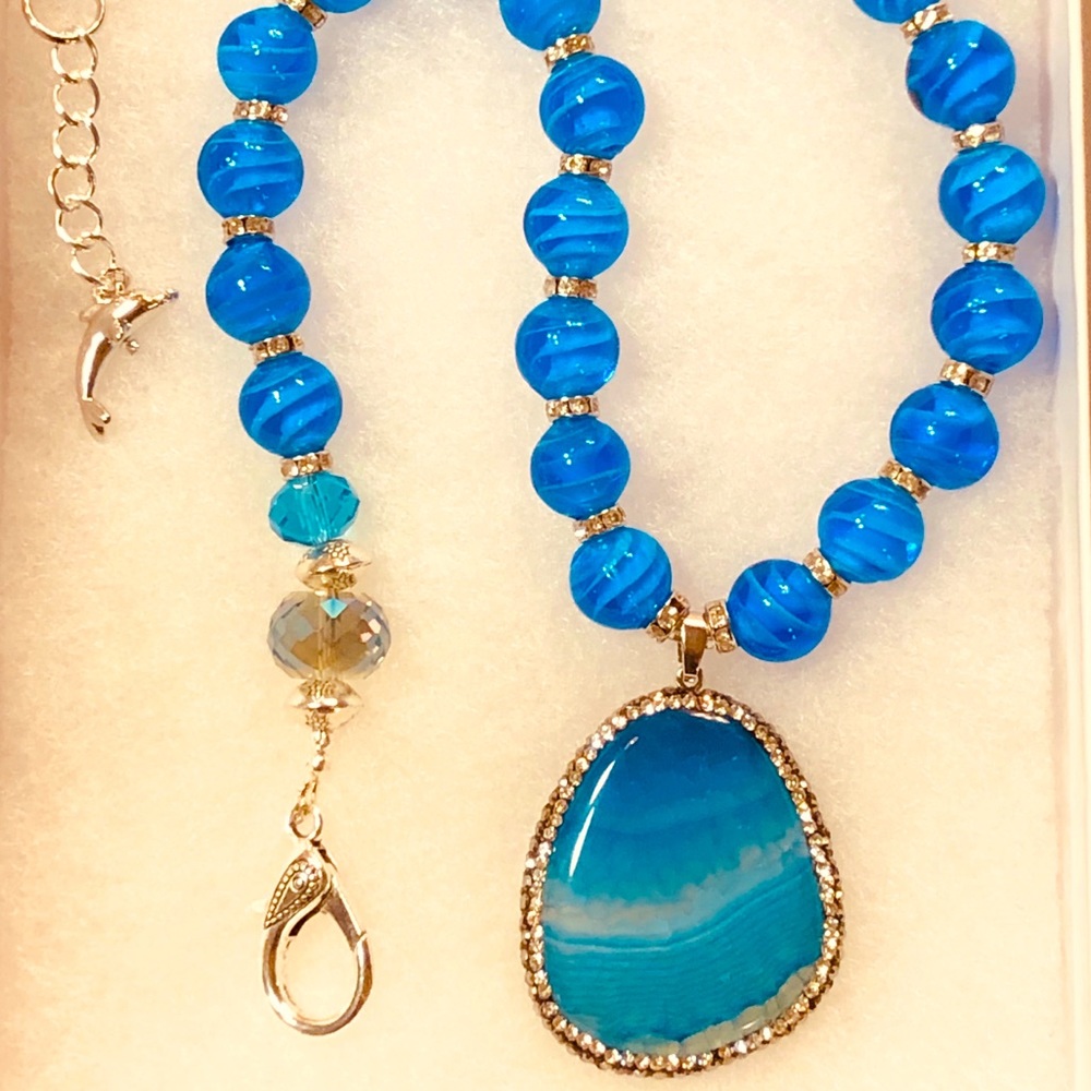 MONACO BLUE Necklace. Gazelle Studios Beach Collection w Artisan Glass & Dolphin